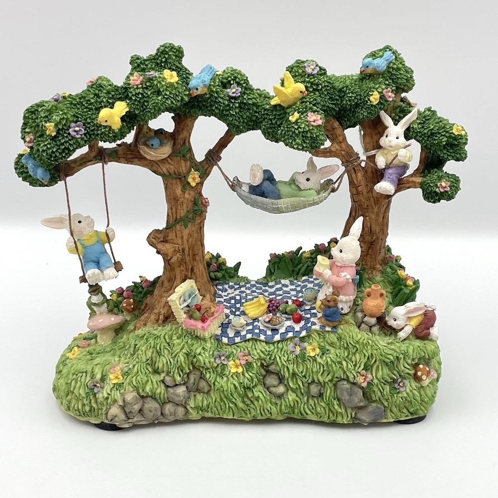 Vintage Jaimy Easter Jubilee Bunny Rabbit Family Picnic Music Box Swinging READ